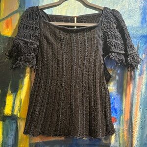Free People Sweater Bird Macrame Crochet Open Knit Indigo olive brown Size SP